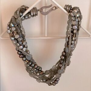 Gorgeous Black Pearl and Gray Stone Multi Strand Necklace, 17”